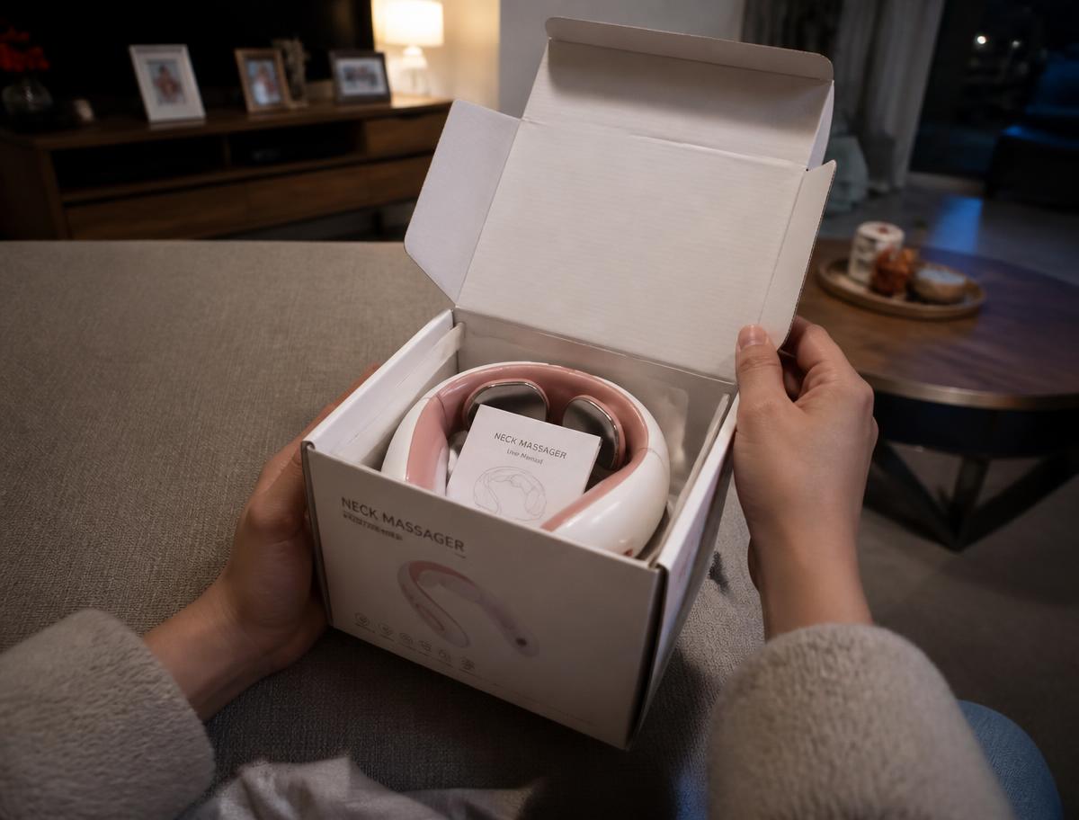 Apertura de la caja del masajeador cervical SmartRelief Pro en el sofá